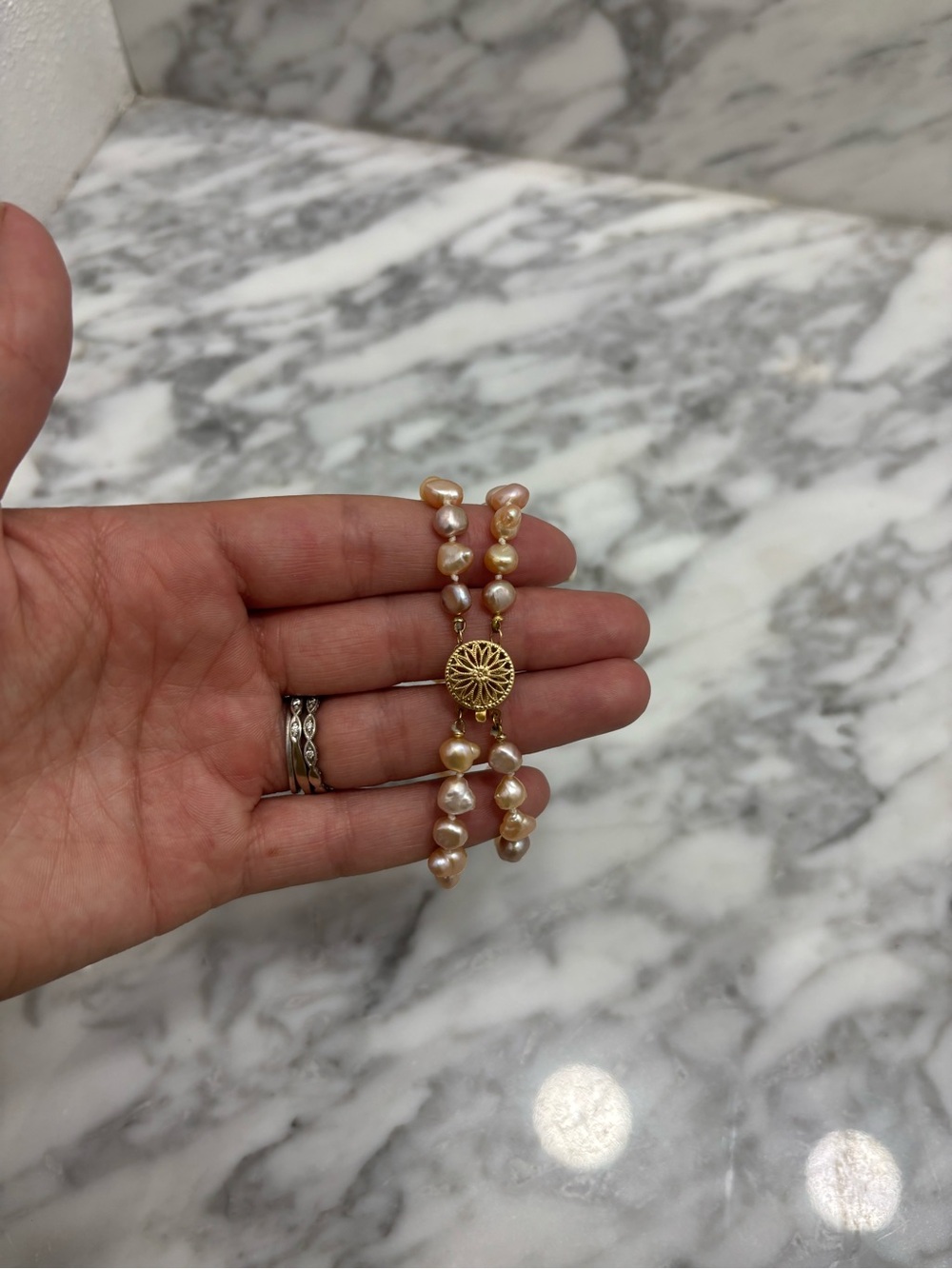 American Vintage Peach Pearl Bracelet with Gold Sunburst Clasp